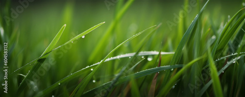 Dewy fresh grass in spring sun. Seasonal meadow background banner. AI generated content