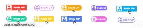 Set of sign up buttons on white background. Register now buttons with finger and mouse pointer. Join now.