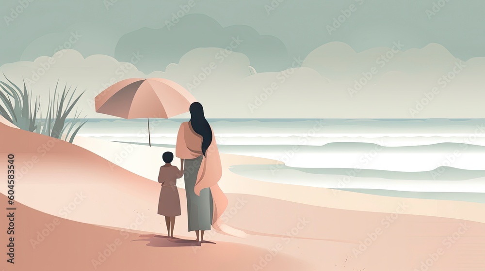 Mother's Day illustration with a minimalist style that showcases a mother and child enjoying a peaceful day at the beach. 