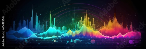 Colorful dark linear soundwave cityscape background for technological and connectivity topics