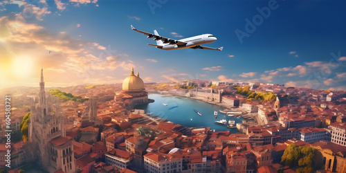 Commercial airplane flying above scenic landscape in beautiful sunset light. Traveling concept design banner. AI generated