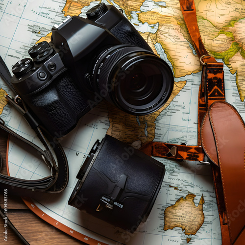 Overhead view of camera and accessories lying on the map. Traveling concept design banner. AI generated photo