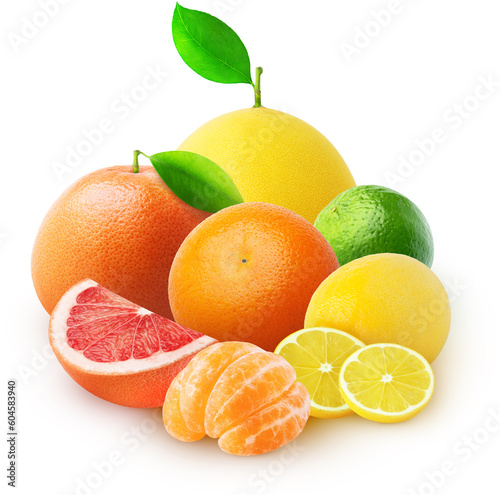 Isolated citrus fruits. Group of Pomelo, lime, lemon, orange, grapefruit, tangerine fruit with leaves isolated on white background