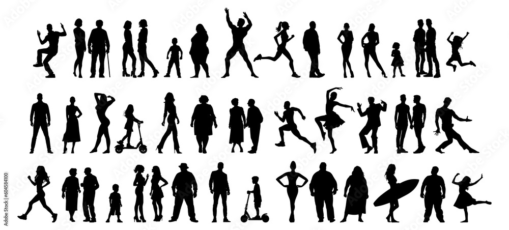 Vector illustration. Silhouettes of men and a woman of different ages. Big set.