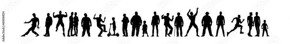 Vector illustration. Silhouettes of men and a woman of different ages. Big set.