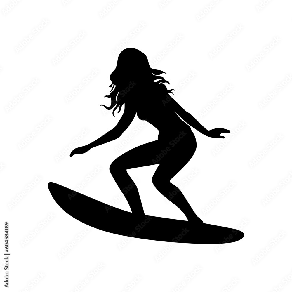 Vector illustration. Surfing woman silhouette. Healthy lifestyle.