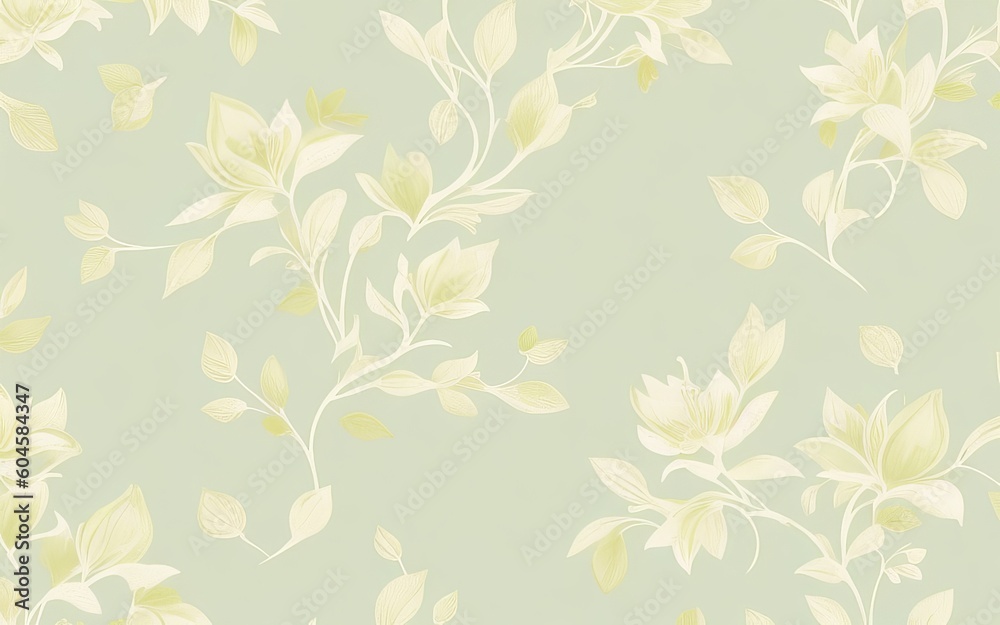 Luxurious Floral Pattern with Gold Leaves on Pastel Green Background. Generative AI.