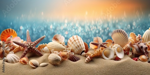 Seaside Harmony. Beach Escape. Starfish and Shells in the Sand. Generative AI illustrations.
