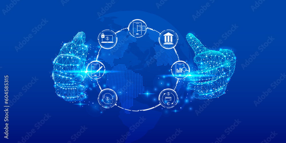 Mobile online security concept with futuristic digital low poly hand hold the world of business, shopping, payment, credit card, transfer pay protection icon vector.