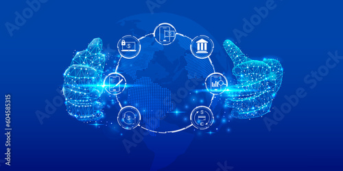 Mobile online security concept with futuristic digital low poly hand hold the world of business, shopping, payment, credit card, transfer pay protection icon vector.