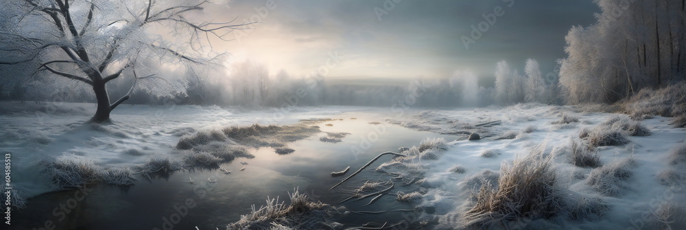 Mountain lake in winter as a panorama created with Generative AI