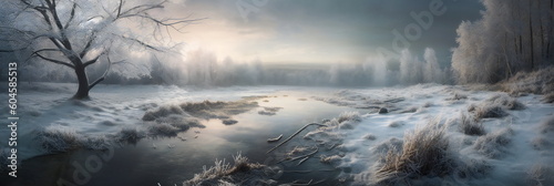 Mountain lake in winter as a panorama created with Generative AI