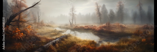 Lake in the forest in fog created with Generative AI
