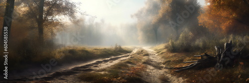 Forest road in autumn as a panorama created with Generative AI © seraph1976