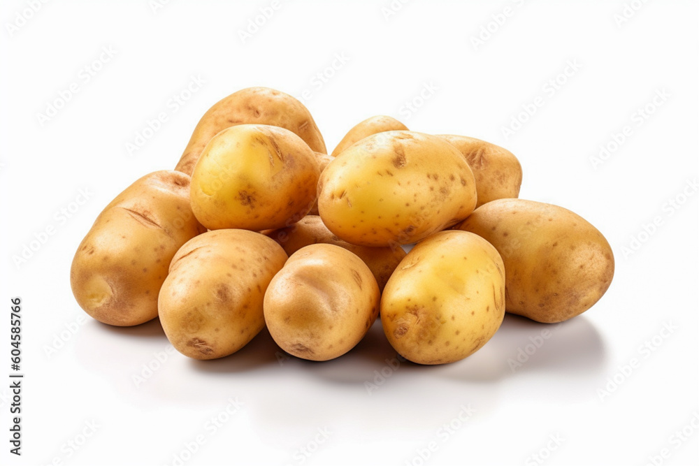 Group of fresh young potatoes on a white background. Raw organic whole potato isolated on white background. Generative AI Group of fresh young potatoes on a white background. Raw organic whole potato isolated on white background. Generative AI