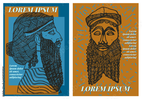 Recursos graficos de dos diseños con inspiracion de mesopotamia. Ilustraciones reales de bustos clasicos de línea para estampados de camisetas, carteles, pegatinas photo