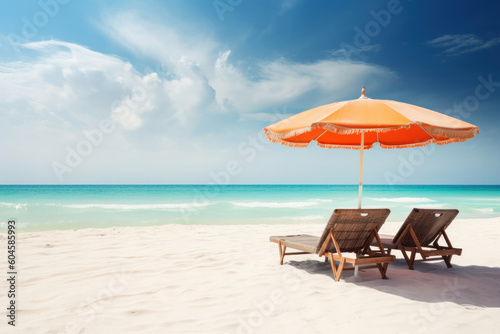 Beach chairs and an umbrella on a sandy beach, offering a peaceful escape with a stunning view of the blue sea and sky, AI Generative.