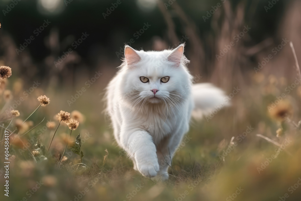 A beautiful white cat runs across a meadow field. Cat in a field with flowers.