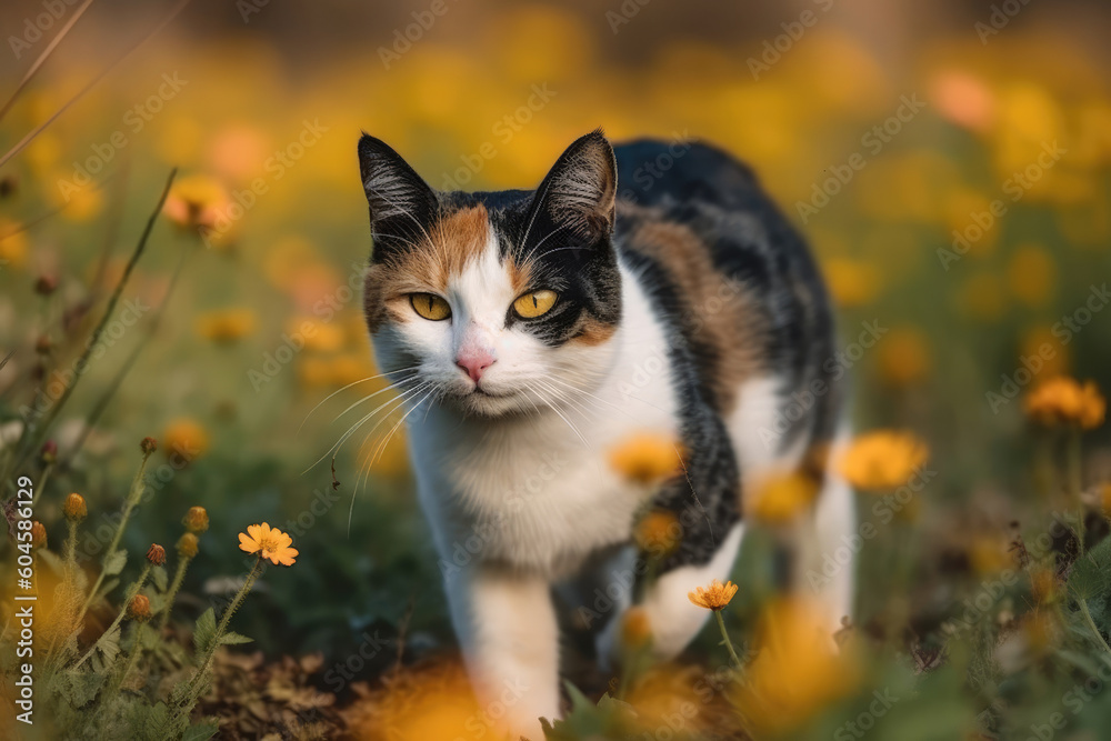 A beautiful cat runs across the meadow field. Tricolor cat in a field with flowers.