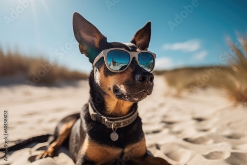 Dog with glasses on the beach.