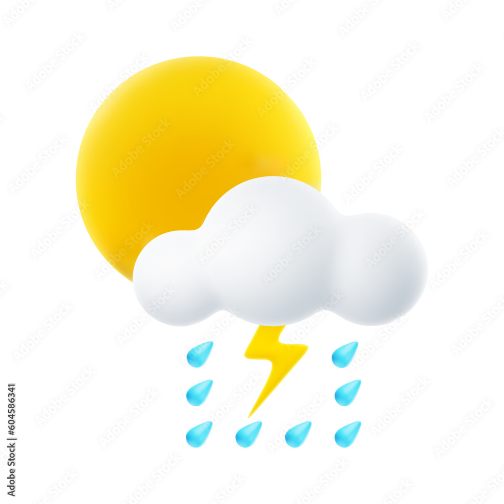 3D Cartoon Icon of Cloudy Weather with Downpour and Thunderstorm. Sign of Cloud, Sun, Rain and Lightning Isolated on White Background. Vector Illustration of 3d Render. 3D Cartoon Icon of Cloudy Weather with Downpour and Thunderstorm. Sign of Cloud, Sun, Rain and Lightning Isolated on White Background. Vector Illustration of 3d Render.