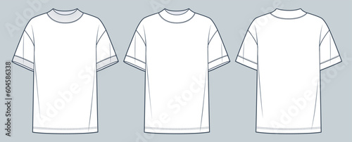 Oversize Tee Shirt fashion flat tehnical drawing template. Unisex T-Shirt technical fashion illustration, front and back view, rib, white color, women, men, unisex CAD mockup set.