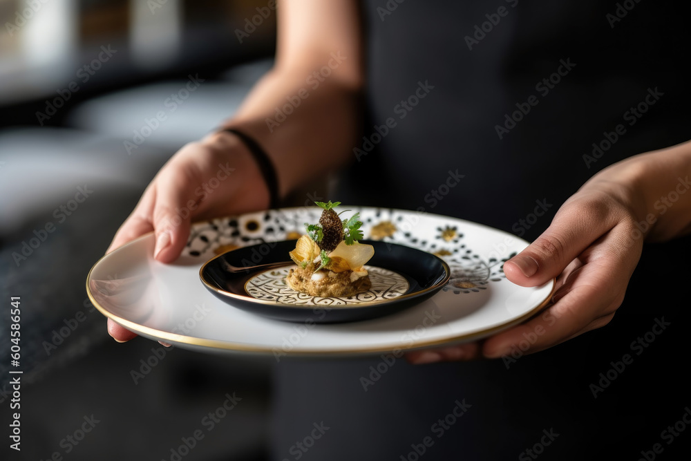 The Art of Plating: Chef Holding a Masterfully Prepared Dish with Exquisite Presentation and Delicious Food - Ai Generative The Art of Plating: Chef Holding a Masterfully Prepared Dish with Exquisite Presentation and Delicious Food - Ai Generative