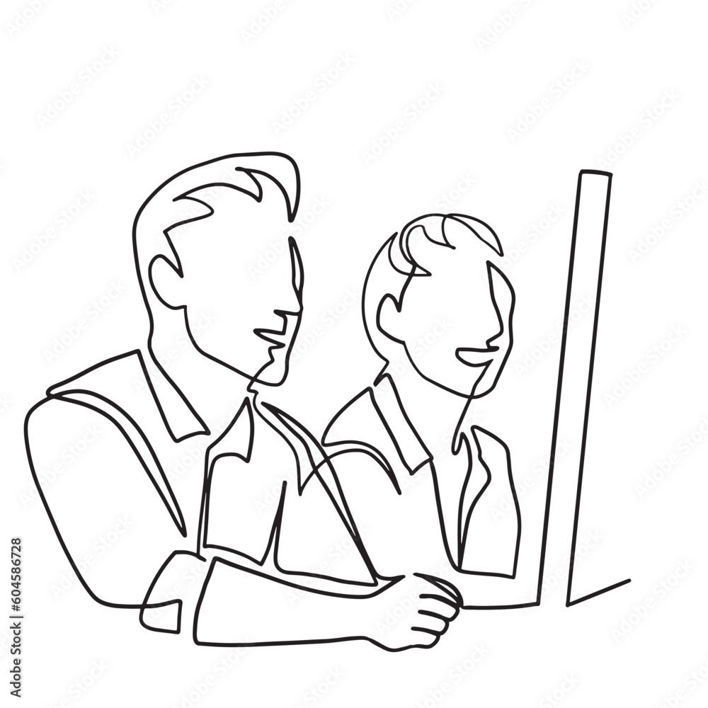 one line art character couple working together on computer consult each other hand-drawn illustration vector one line art character couple working together on computer consult each other hand-drawn illustration vector