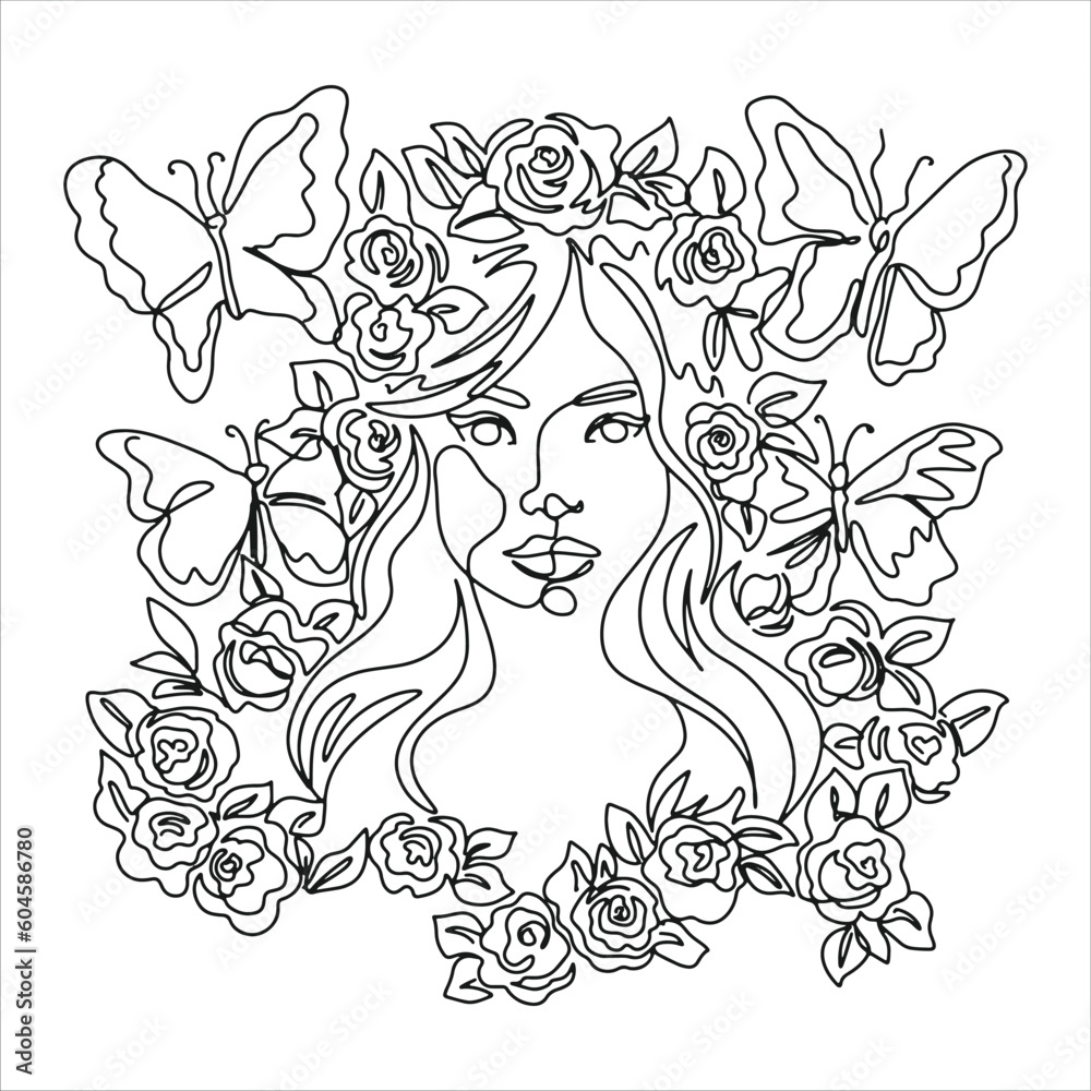 Surreal Faces one line, drawing of set faces and hairstyles, fashion concept, woman's beauty, minimalist, pretty sexy. Contemporary portraits with a positive and surrounded by flowers.