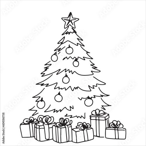 continuous line one line christmas tree star decorated with presents beside christmas hand drawn illustration vector