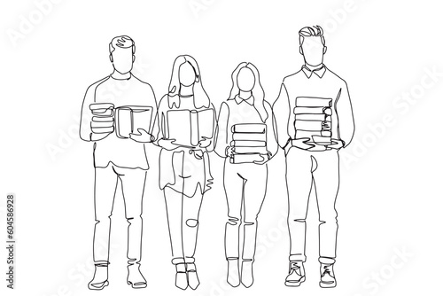 one line art friends group students education boys and girls university and college life education hand drawn illustration vector
