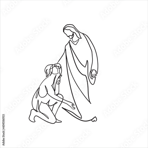 Continuous line drawing of Jesus Christ vector illustration of Bible words