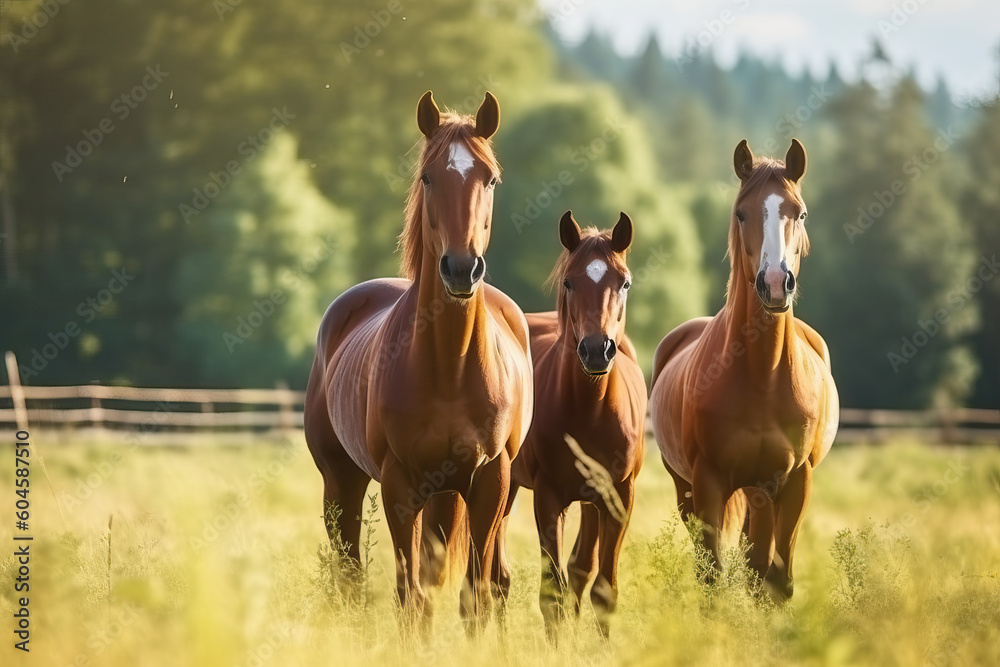Three brown horses standing in a field of tall grass