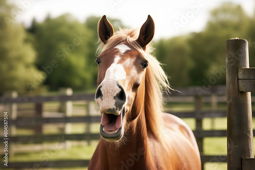 A brown horse standing next to a wooden fence