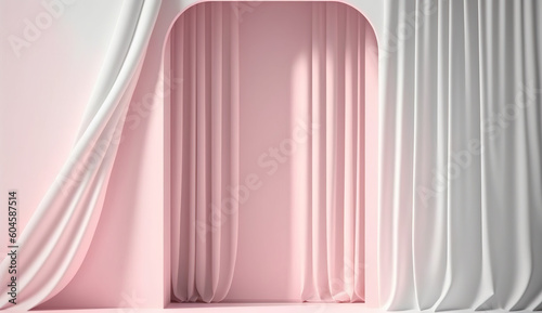Minimal abstract pink and white background for product presentation. Shadow of curtains window on plaste wall