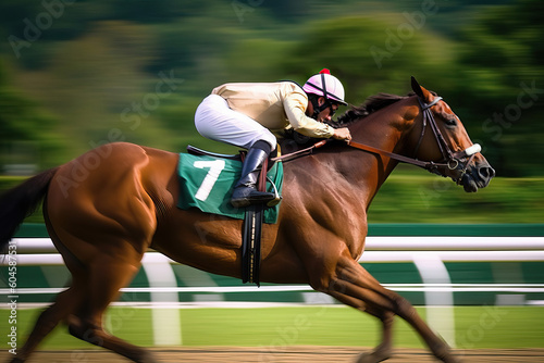 Fotografia A jockey riding a horse on a track