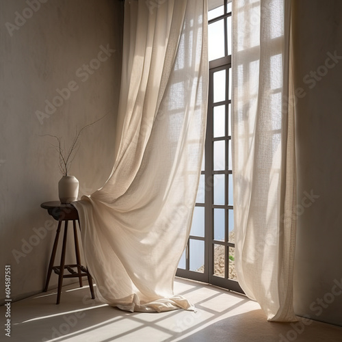 Linen long curtains natural linen color flying in the wind. Big window, sunny day. 