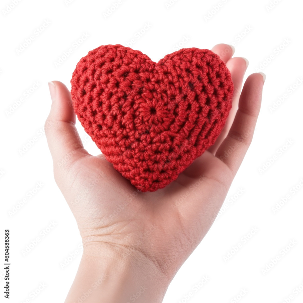 Obraz premium Hand Holding Heart Crochet Isolated on Transparent Background - Generative AI 