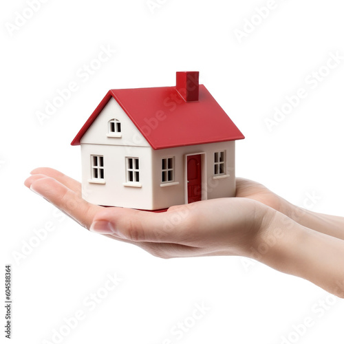 Hand Holding Miniature House Isolated on Transparent Background - Generative AI 