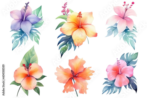 Tropical Flower Set Watercolor Style Isolated on Transparent Background - Generative AI 