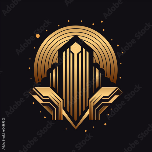 Art deco golden logo. Retro luxury geometric ornament. logotype buildings. Vector illustration. Isolated on black background.