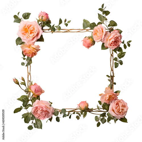 Frame with roses and green leaves, Isolated on transparent background. Generative AI