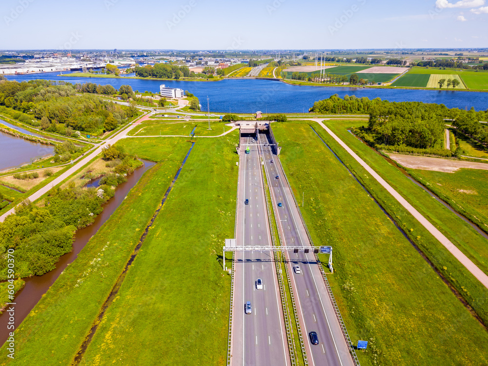 High angle Drone Point of View on the Wijkertunnel in Beverwijk, North Holland, The Netherlands. It goes under the North Sea Canal and opened in 1996.