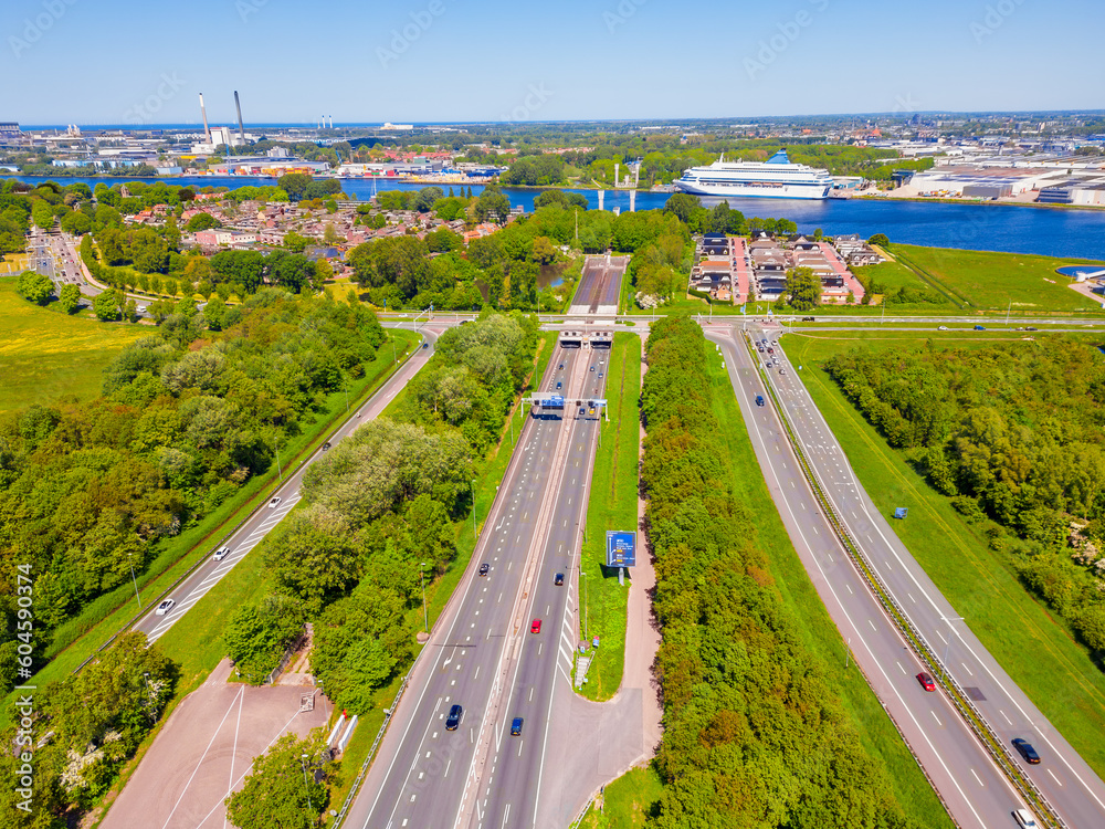 High angle Drone Point of View on the Velser Tunnel in Velsen, North Holland, The Netherlands. It goes under the North Sea Canal and opened in 1957.