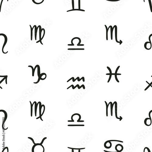 Seamless pattern of hand drawn Astrological signs. Zodiac signs on white background. Star signs background for astrology horoscope. Vector illustration
