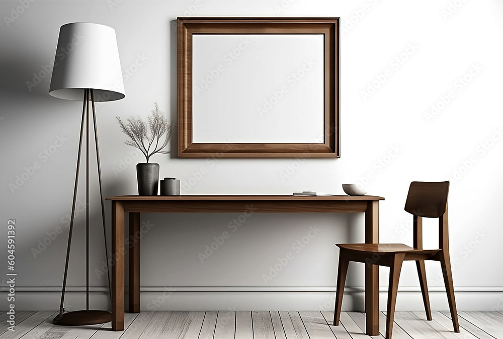 Wooden table is shown next to a picture frame in a white room, vray ...