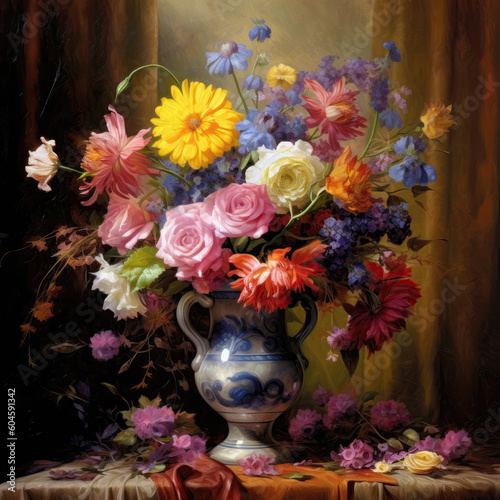 Random Flowers in vase, oilpainting art, Generative AI © VisualAiUniverse
