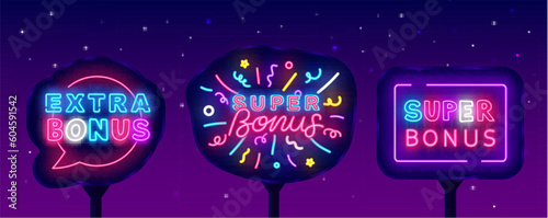 Super bonus neon street billboards collection. Confetti firework and geometric frame. Vector stock illustration