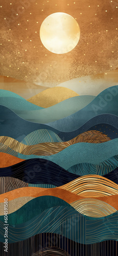 The sun rise against the moon poster, in the style of gold and azure, spectacular backdrops, dreamlike installations, glitter, Morandi color style, boho style