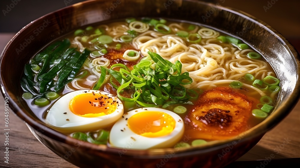 Traditional Japanese Ramen soup with noodles, scalion and nitamago - soft boiled egg Traditional Japanese Ramen soup with noodles, scalion and nitamago - soft boiled egg